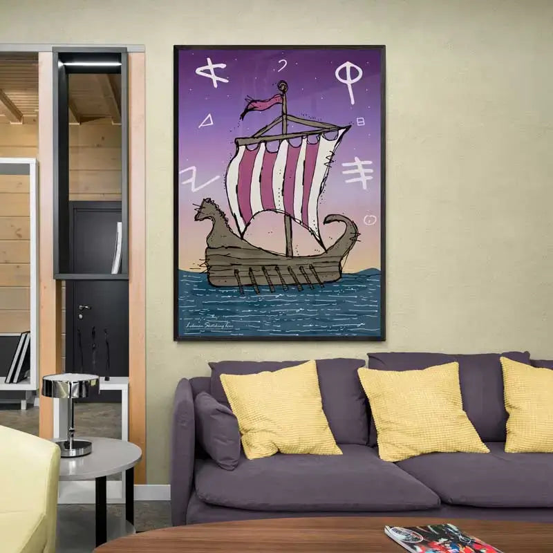 Heritage poster of a Phoenician ship in sunset background, portrait format.