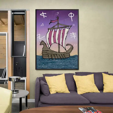 Heritage poster of a Phoenician ship in sunset background, portrait format.