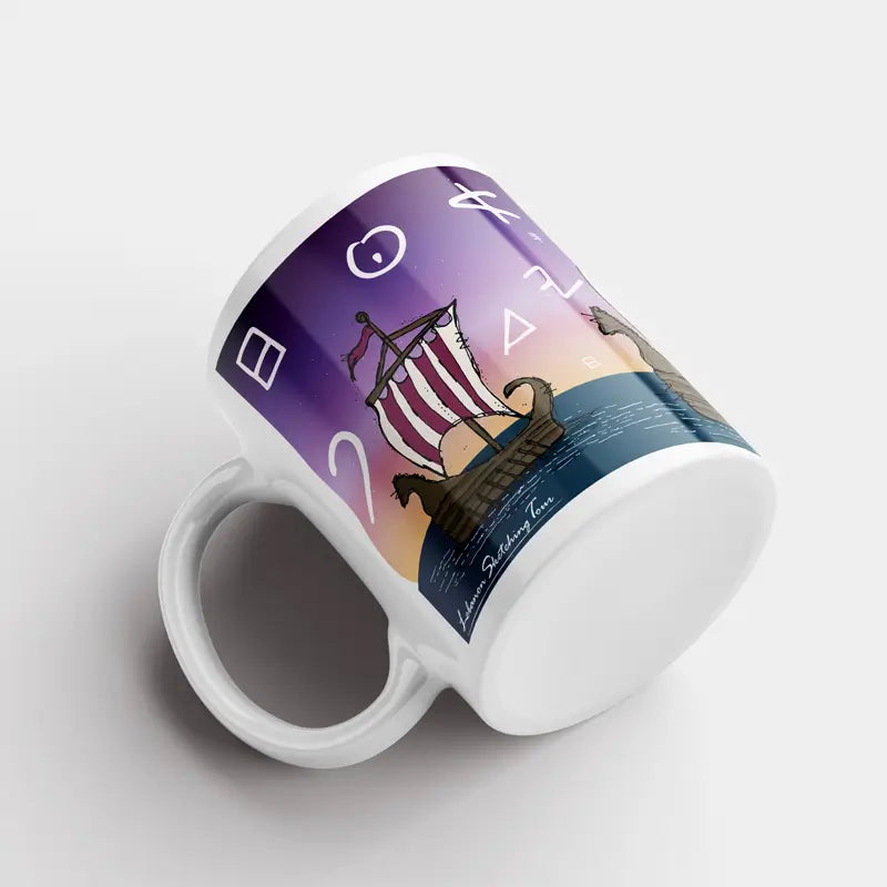 Lebanese/Phoenician mug with Phoenician ships sailing and a purple background