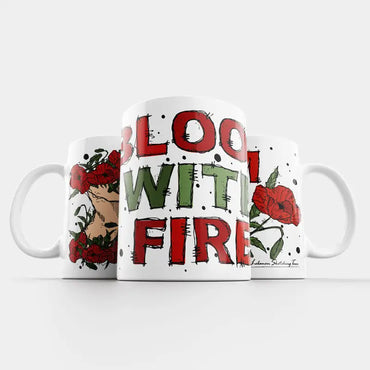 White mug with a portrait of a woman with red poppy flowers, Lebanese flower mug with a quote bloom with fire