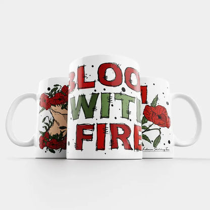 White mug with a portrait of a woman with red poppy flowers, Lebanese flower mug with a quote bloom with fire