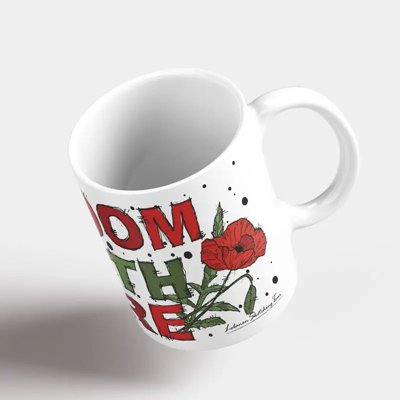 White mug with a portrait of a woman with red poppy flowers, Lebanese flower mug