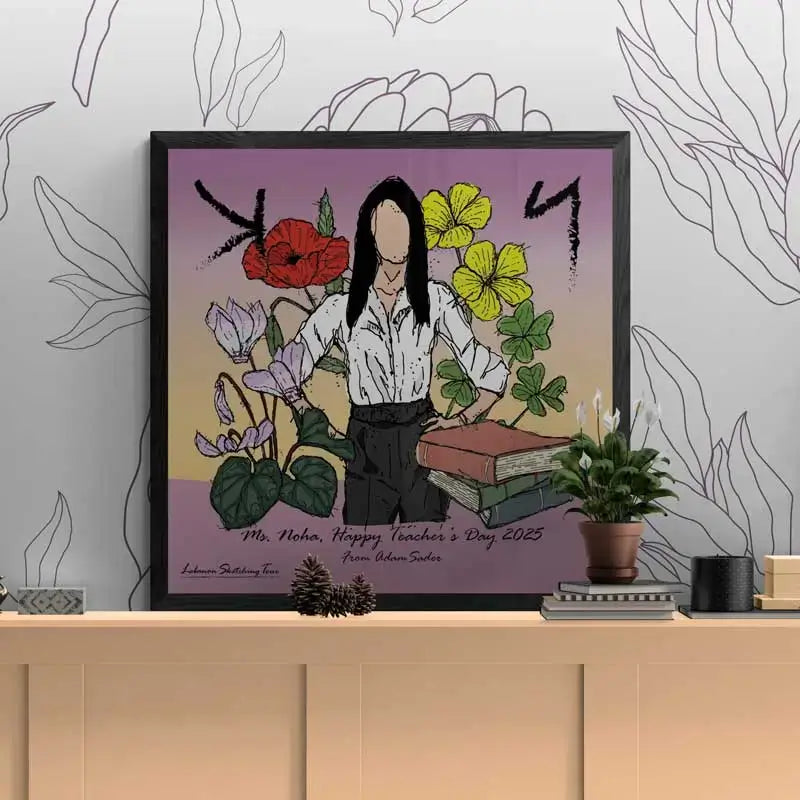 School director poster as a custom gift for Teacher's Day with the Lebanese flowers around her that bloom during sprint. And the teacher's initial's in Phoenician letters.