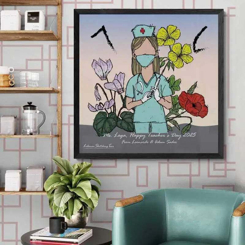 Framed poster of a Nurse holding a kneel and behind her Lebanese flowers blooming as a background, in addition to her initials in Phoenician letters 2