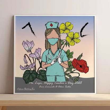Framed poster of a Nurse holding a kneel and behind her Lebanese flowers blooming as a background, in addition to her initials in Phoenician letters