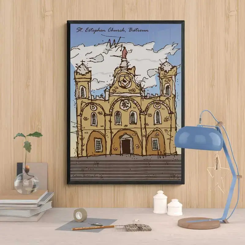 St. Estephan Church, Batroun, a framed Lebanese religious landmark poster sketched, in portrait format Lebanese religious print