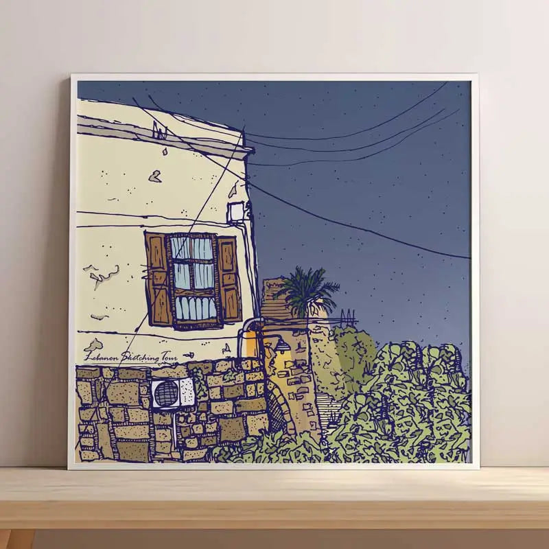 A Lebanese stone house as a ground floor and its upper floor is made of plaster finishing, with an AC unit hanged on the wall and 3 streets lamps from different times that light up the streets. Lebanese Urban Poster - Byblos (square format)
