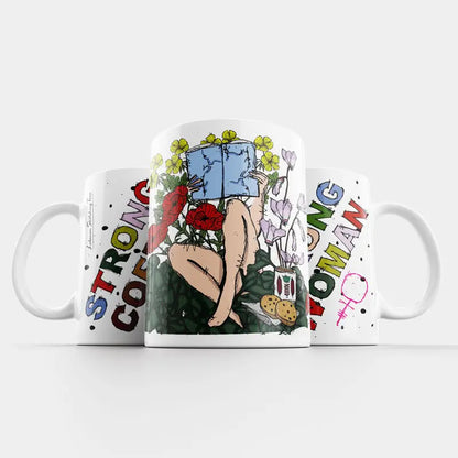 A floral Lebanese mug with the words, strong coffee, strong woman in colorful way
