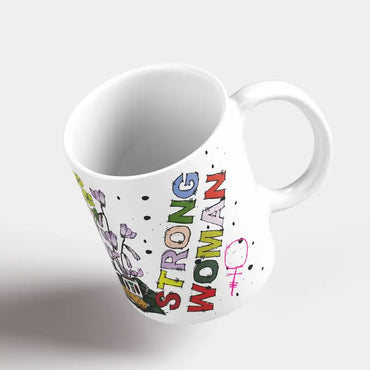 A floral Lebanese mug with the words, strong coffee, strong woman in colorful way