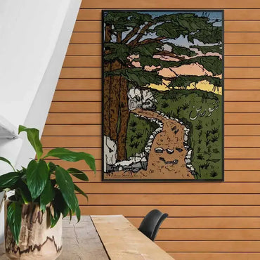 Cedar poster of the Lebanese cedars in Tannourine with a natural path next to it and a sunset. Lebanese landscape poster portrait format