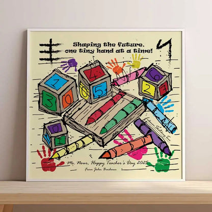 Framed artwork with colorful handprints and text on a beige background