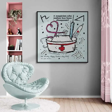 Framed nurse poster for a nurse as a gift with the nurse hat and red cross, with a needle and pills on a light blue background with her initials in Phoenician letters