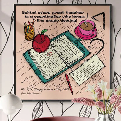 Decorative poster with a quote about teachers and a calendar, displayed on a wall.