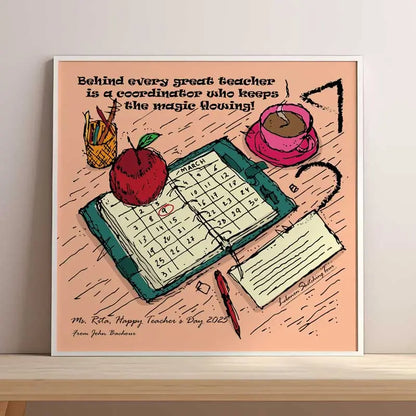 Framed artwork with a calendar, apple, cup, and pen on a peach background.