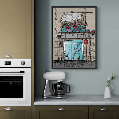 The Batcher below a balcony full of flowers, Beirut urban posters, Lebanese posters portrait format.