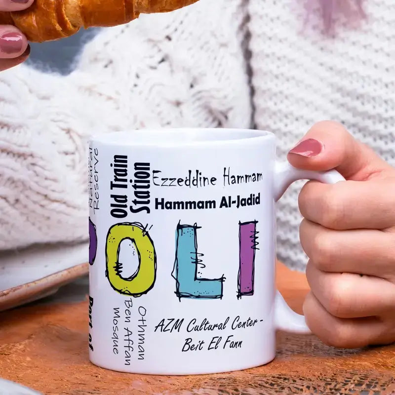 Tripoli calligraphy gift mug, Lebanese mug, left side