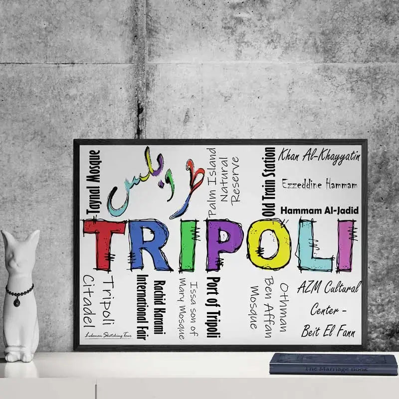 Dining area with red chairs, wooden table, and a colorful 'TRIPOLI' artwork on the wall. with its landmarks written in different fonts.