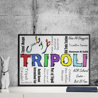 Dining area with red chairs, wooden table, and a colorful 'TRIPOLI' artwork on the wall. with its landmarks written in different fonts.