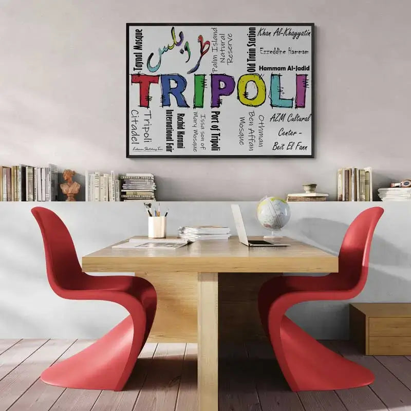 Dining area with red chairs, wooden table, and a colorful 'TRIPOLI' artwork on the wall. with its landmarks written in different fonts.