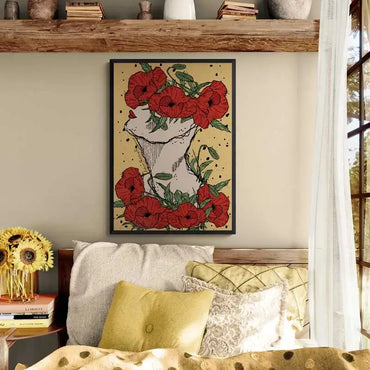 Red Poppy flowers on a Lebanese woman head and chest in yellow background. Lebanese poster of floral collection in portrait format