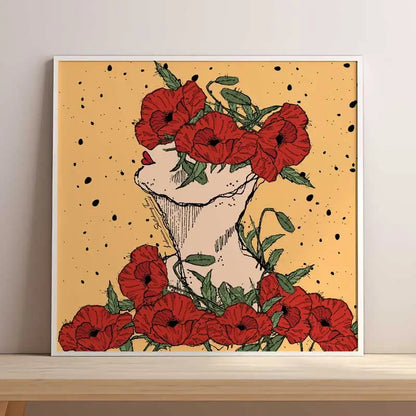 Red Poppy flowers on a Lebanese woman head and chest in yellow background. Lebanese poster of floral collection in square format