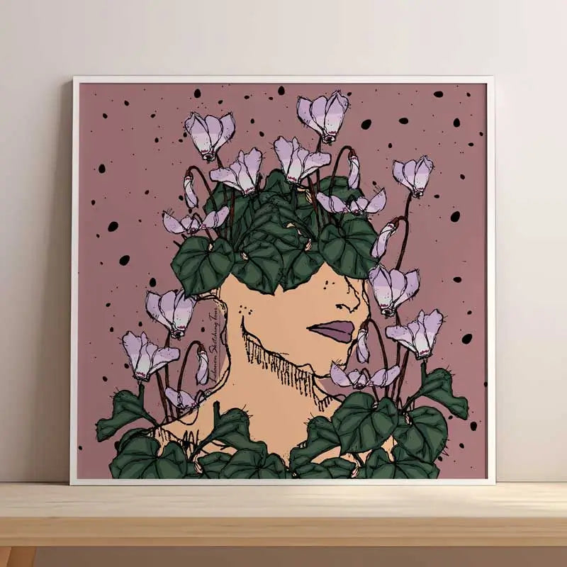 Lebanese poster of the cyclamen with a woman in portrait in pink background. Lebanese floral poster square format