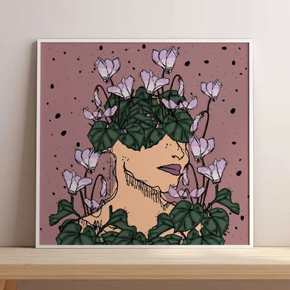 Lebanese poster of the cyclamen with a woman in portrait in pink background. Lebanese floral poster square format